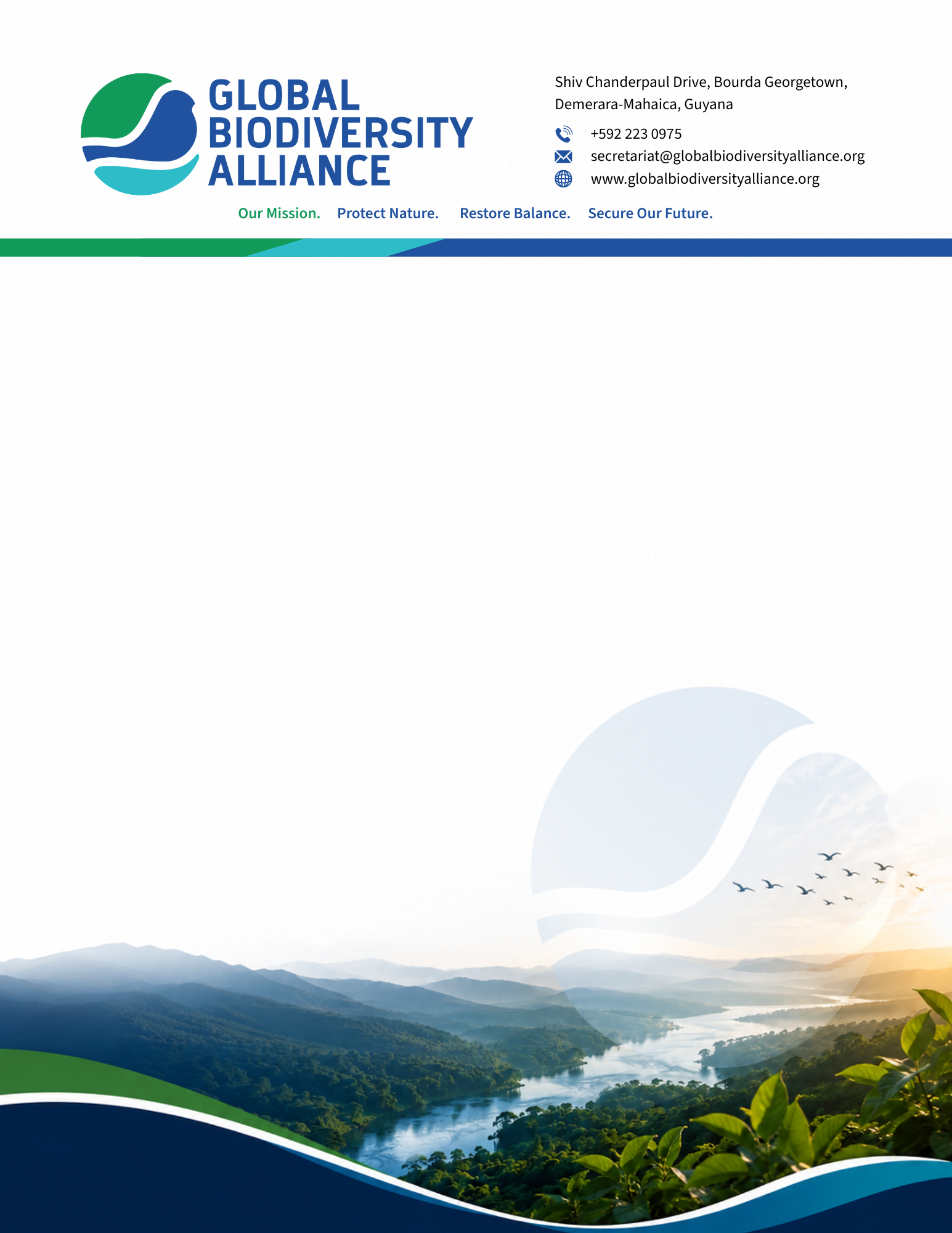 Global Biodiversity Alliance letterhead with rainforest and river artwork